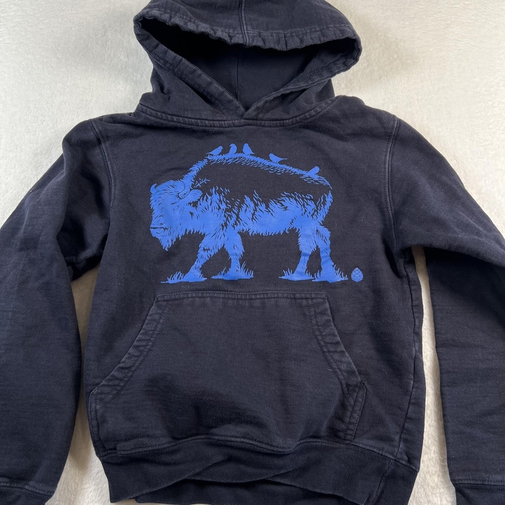 Stio Hoodie Kids Small Blue Bison Graphic Fleece Pullover Sweatshirt Top